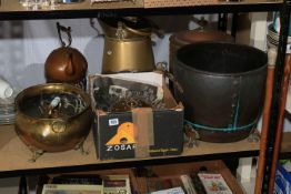 Collection of brass and copper wares including coal bucket, coal scuttle, lidded two handled jar,