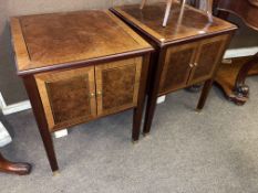 Pair burr walnut and mahogany two door bedside cabinets, 63cm by 50cm by 50cm.