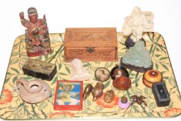 Tray lot of various collectables including framed oval miniatures, figures, boxes, etc.