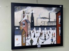 J. Hanley, Figures in Industrial Town, oil on canvas, signed lower left, 39cm by 49cm, framed.