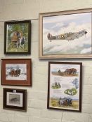 Collection of five various DM & EM Alderson paintings including horses, mouse and Spitfire.