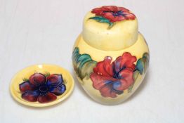 Moorcroft ginger jar decorated with hibiscus design on yellow ground, 12cm,