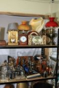 Collection of metalwares, pre-1947 coins, wristwatches, furs, canes, mantel clocks, table lamps,
