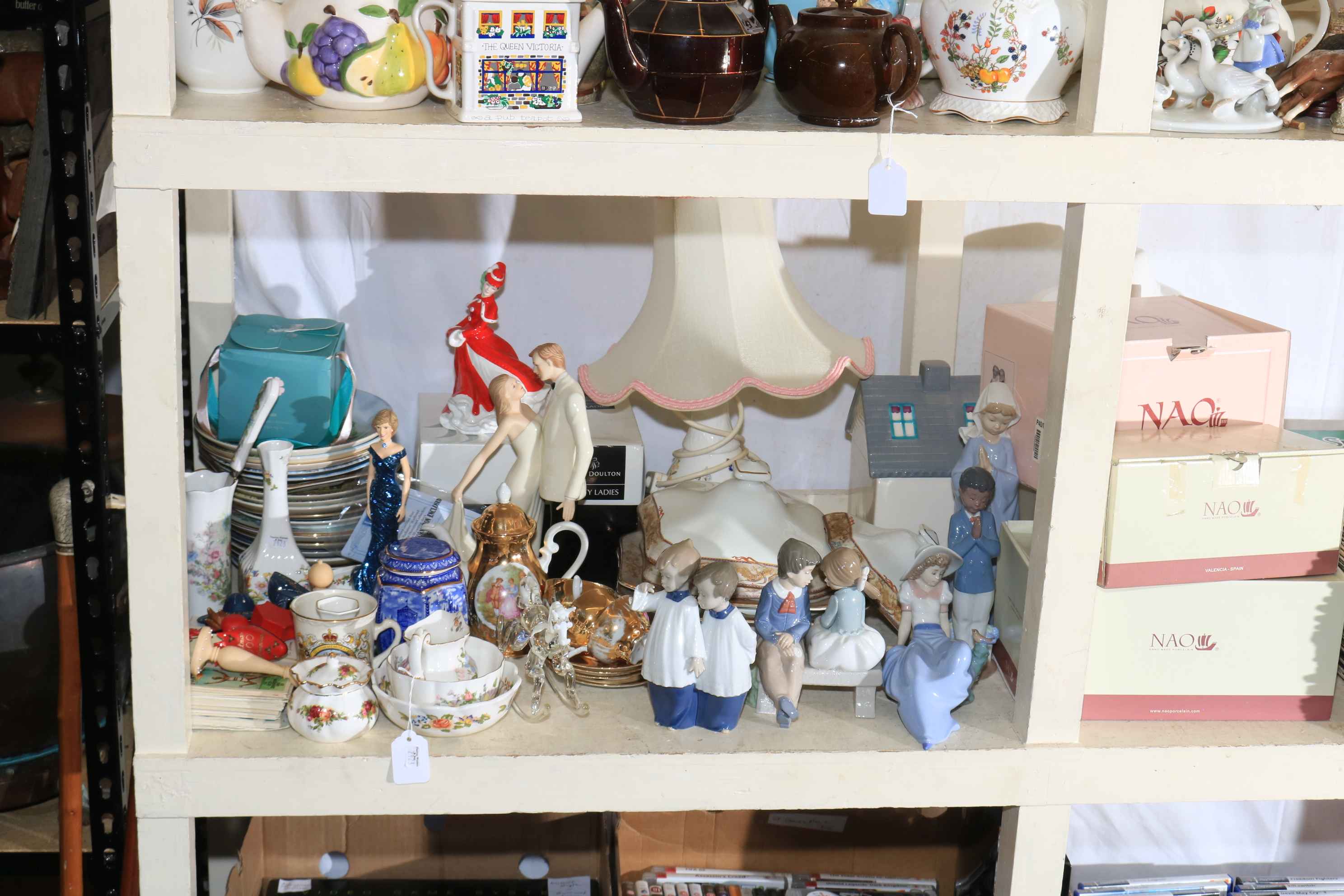 Nao and Royal Doulton figurines, plates, FDCs, Aynsley table lamp, etc.