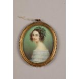 19th century portrait miniature on ivory Girl with Ivy Crown and ringlets, signed, in a gilt brass