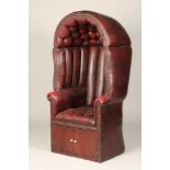 20th century oxblood leather porters chair, with buttoned seat and canopy with studded borders