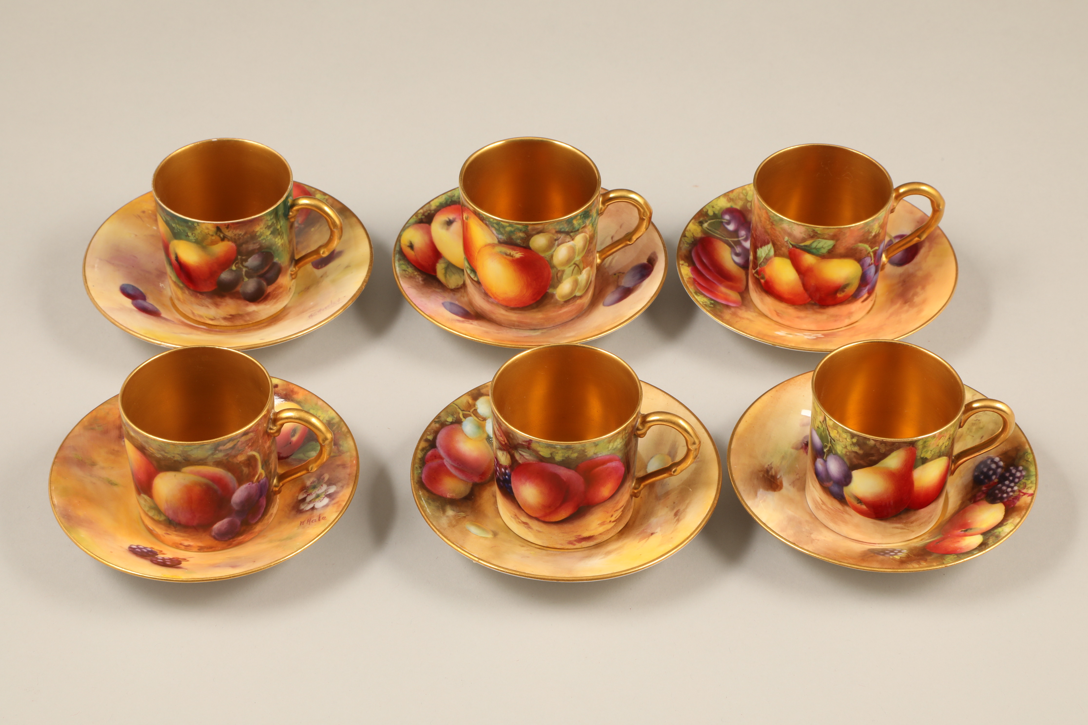 Twelve piece Royal Worcester coffee set, six coffee cans and six saucers, gilt interiors and - Image 2 of 2