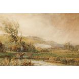 Savill Page (Scottish 20th Century) Framed watercolour, signed 'Shepherd and Dog in Landscape'