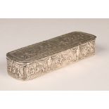 Continental silver box, hinged cover, and decorated throughout with embossed cherubs Length 17cm,