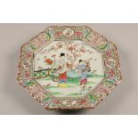 19th/20th century octagonal plate, floral decorated rim with a central panel depicting figures in