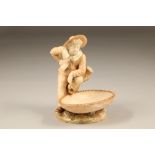 Royal Worcester figure, boy sitting on a tree trunk with a large basket at his feet, signed