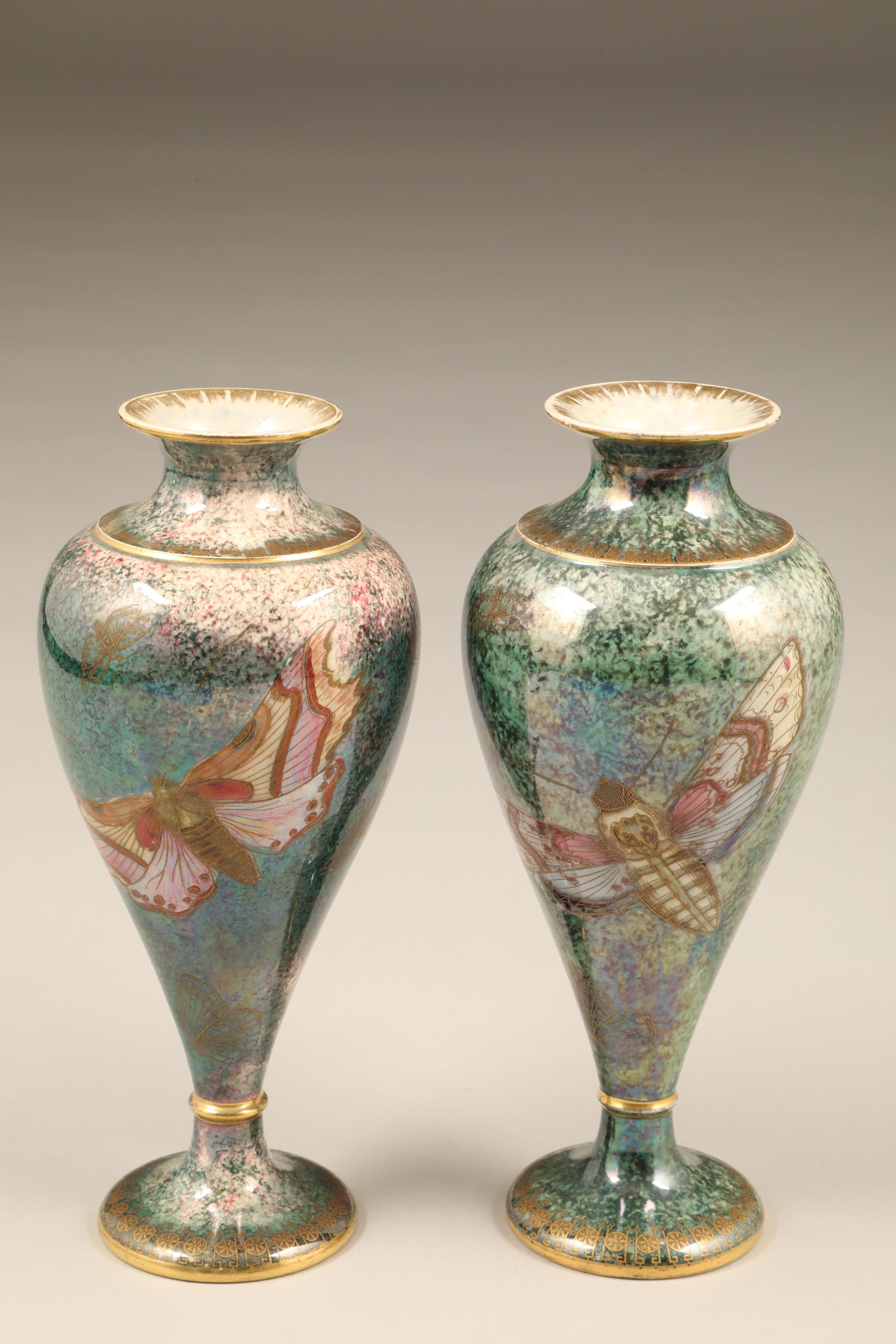 Pair of Carlton Armand lustre vases, baluster shaped mottled green ground, decorated with - Image 2 of 3