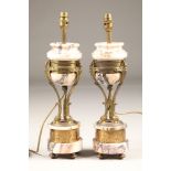 Pair of marble and gilt metal table lamps, grey and pink veined marble top supported on three gilt