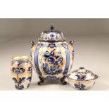 Large Losol ware jar and cover, blue and white, floral decoration with gilt enrichments raised on