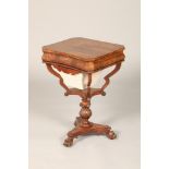 William IV figured mahogany pedestal sewing work table, hinged top revealing an array of lidded