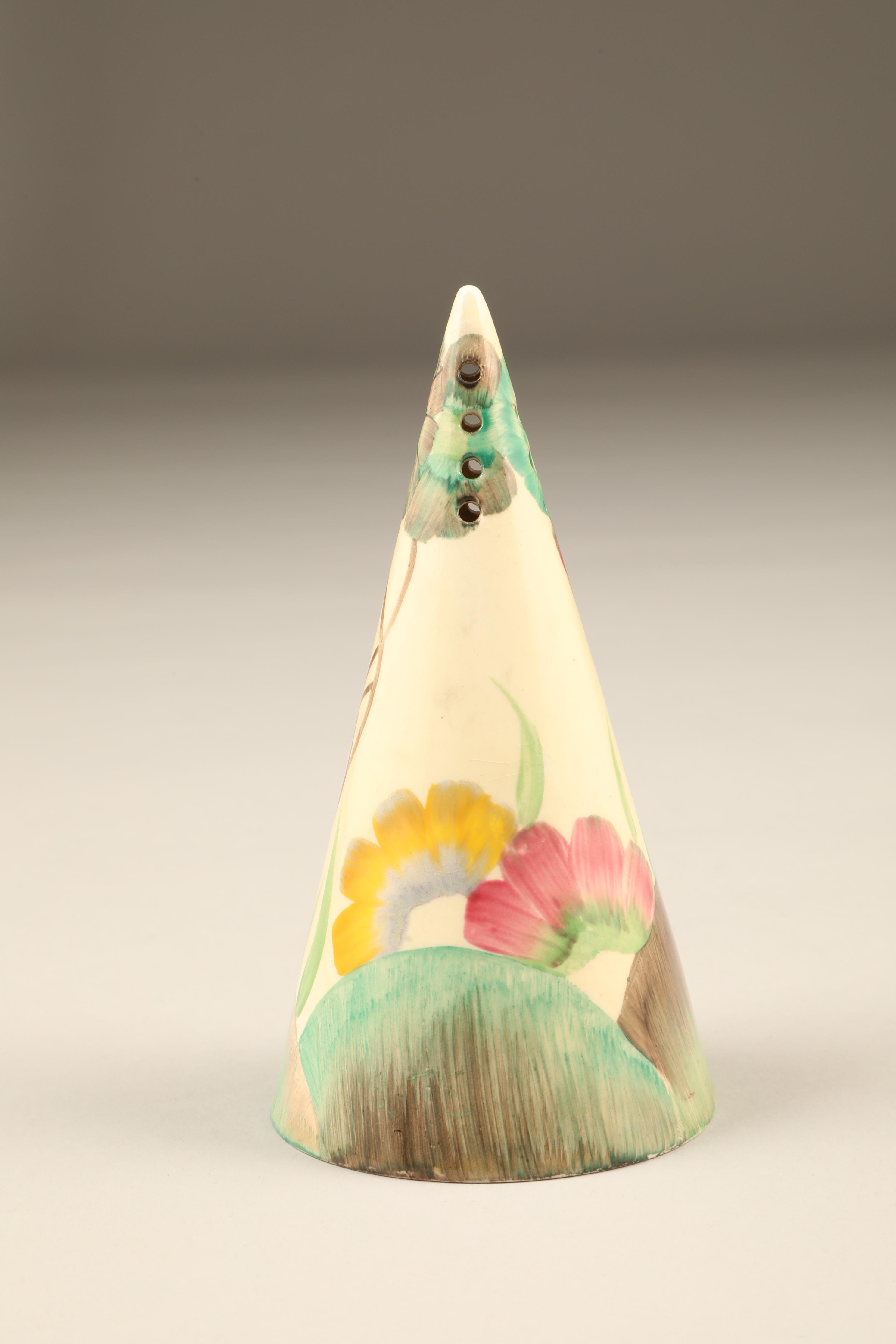 A Clarice Cliff 'Rhodanthe', hand painted pattern conical sugar caster, black factory stamp to - Image 3 of 5