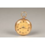 18 carat gold open faced pocket watch, gilt dial with foliate engraving, black roman numerals,