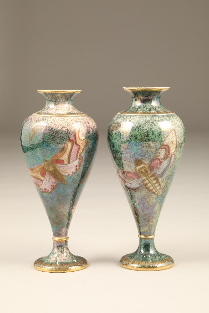Pair of Carlton Armand lustre vases, baluster shaped mottled green ground, decorated with
