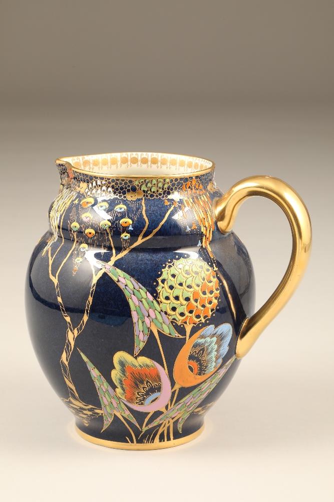 Carlton ware jug, gilt handle, blue ground decorated with devils copse, pattern 3787 Height 19.5cm