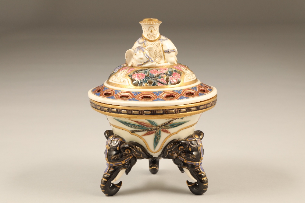 Royal Worcester pot pourri dish and cover, decorated with bamboo shoots and oriental pines, raised