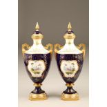 Pair of Coalport vases and covers, baluster form , raised on square bases, gilt handles, decorated