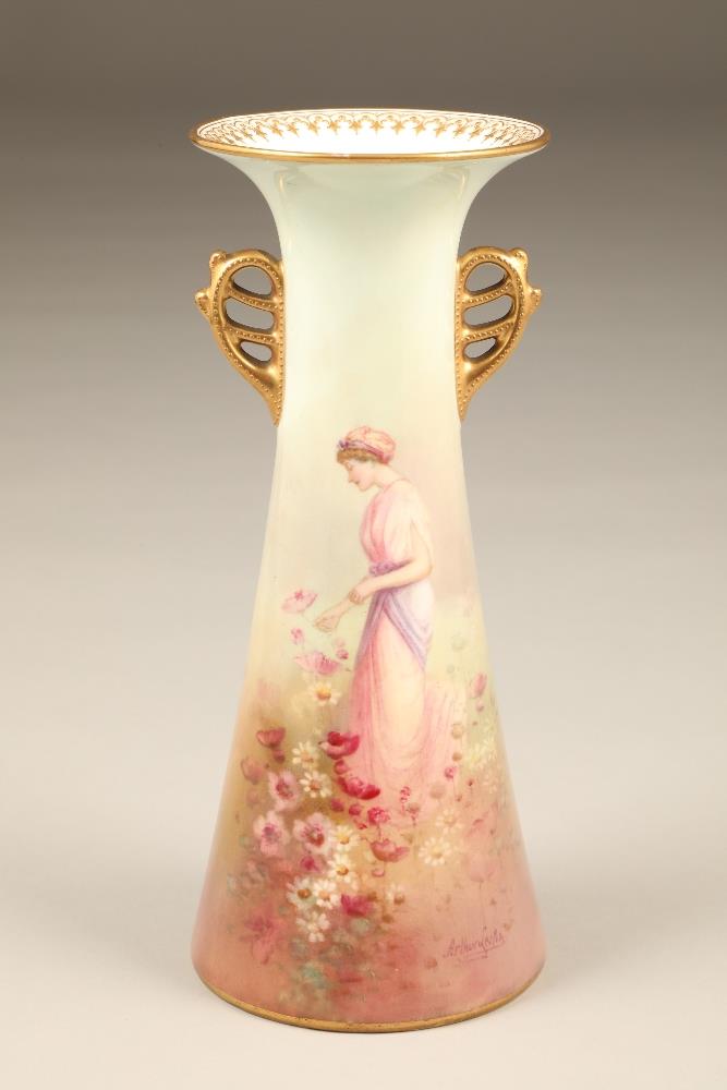 Royal Doulton vase, cylindrical tapered form with flared lip, gilt handles, hand painted, girl in