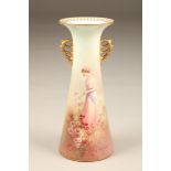 Royal Doulton vase, cylindrical tapered form with flared lip, gilt handles, hand painted, girl in