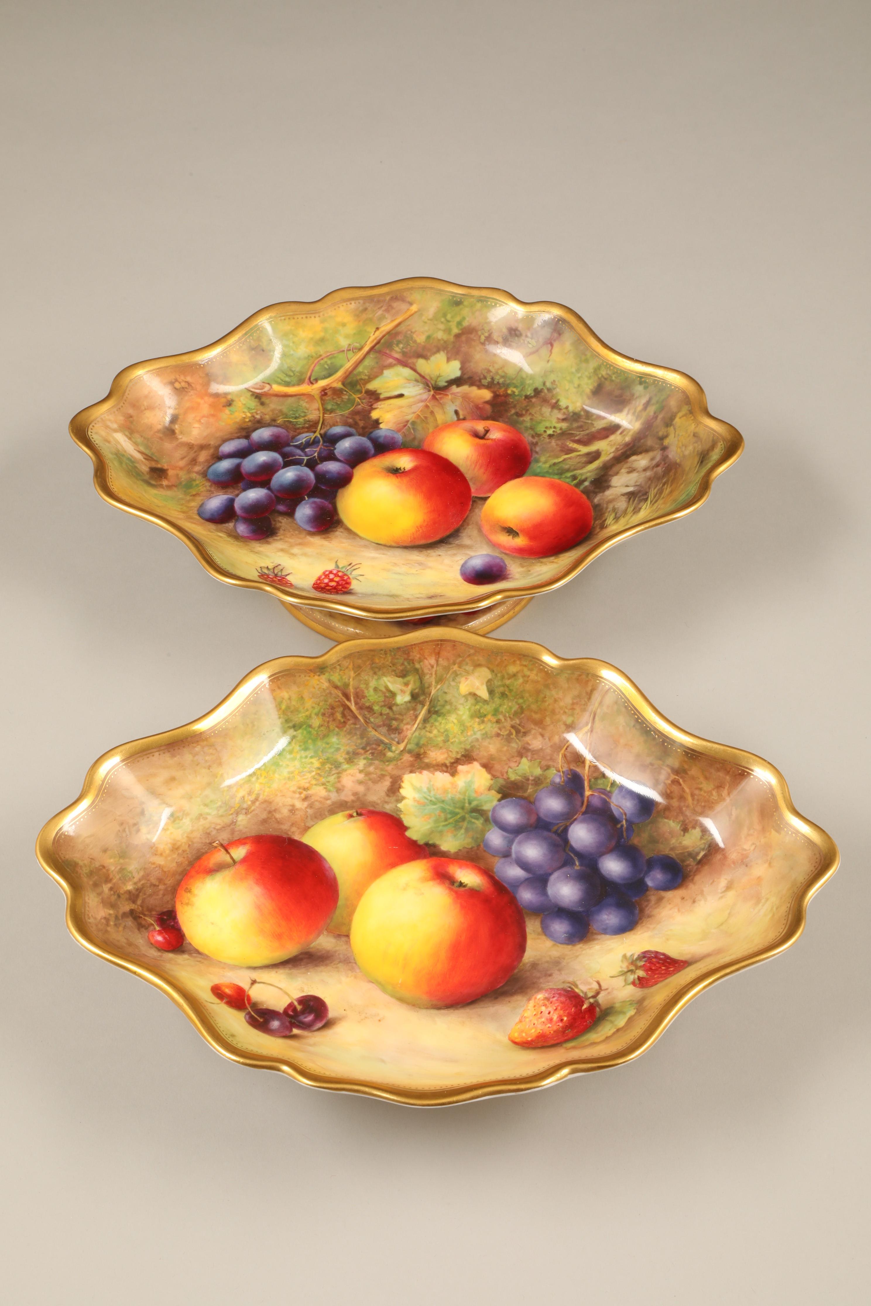 Pair Royal Worcester comports, oval form with waved gilt rims individually hand painted with - Image 2 of 6