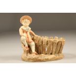 Royal Worcester figure, boy sitting on a tree stump at the edge of a wicket fence, signed Hadley,