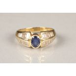 Yellow gold sapphire and diamond ring, set oval cut blue sapphire, approximately 0.75 carat, with