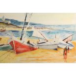 Charles Levier (French 1920-2003) Framed watercolour, signed 'Beached Fishing Boats with Figures'