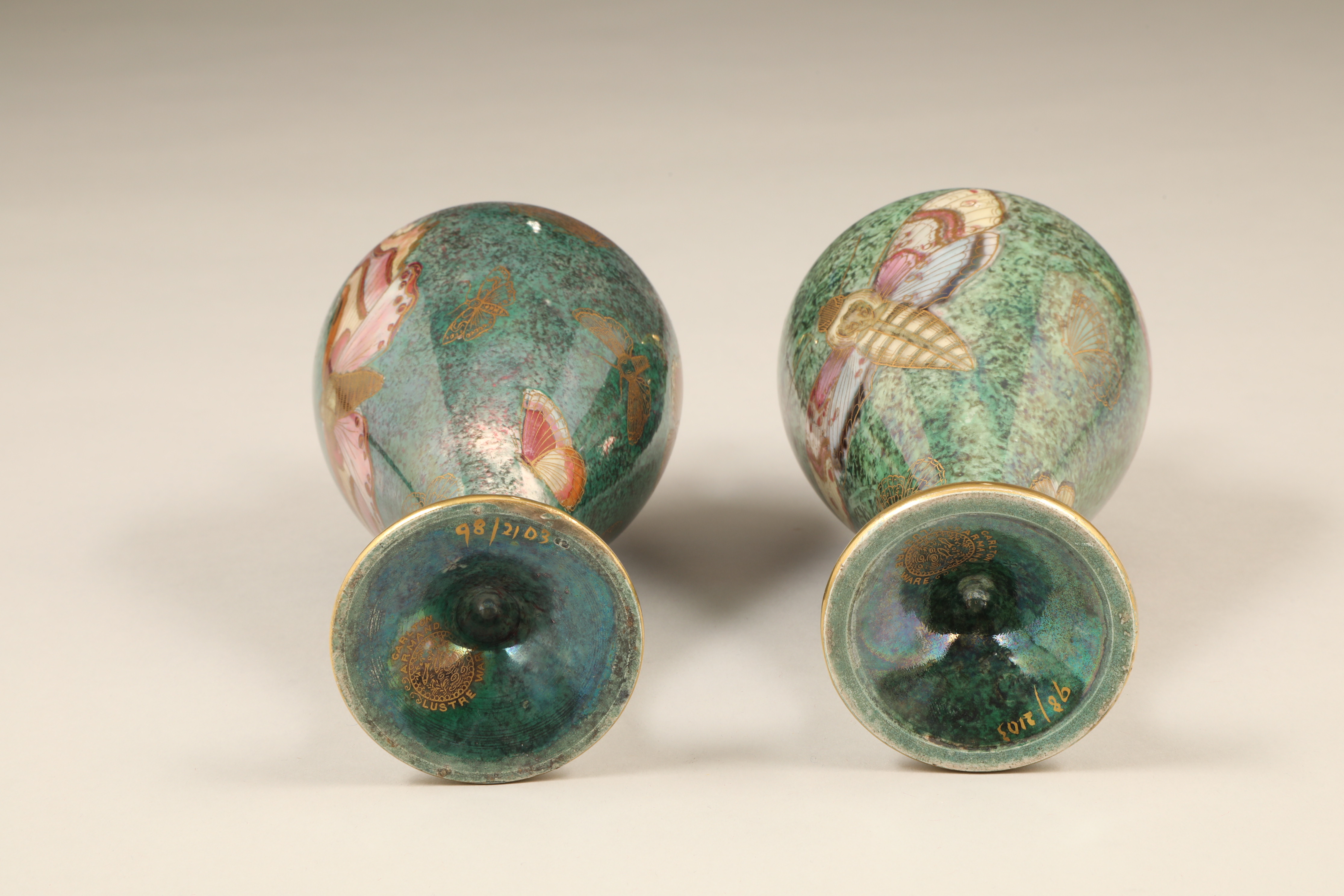 Pair of Carlton Armand lustre vases, baluster shaped mottled green ground, decorated with - Image 3 of 3