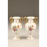 Pair of Beyer and Boch continental vases, baluster form with gilt twist handles, hand painted floral