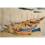 Charles Levier (French 1920-2003) Framed watercolour, signed 'Beached Boats Below The White Cliffs