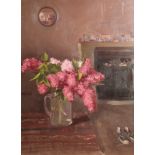 Robbie Wraith ARR Framed oil on canvas, signed 'Interior with a Glass Jug of Pink Flowers' 91cm x