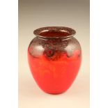 Scottish Monart glass vase, red/orange with grey and purple swirls Height 18cm