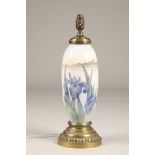 Large Royal Copenhagen table lamp, decorated with irises in a continuous landscape, supported on a