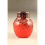 Scottish Vasart glass vase, orange/red with black swirls and gold aventurine inclusions Height 15cm