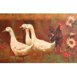 Craig Campbell Framed oil on board, signed 'United, Farmyard Ducks and a Cockerel' 40cm x 60cm