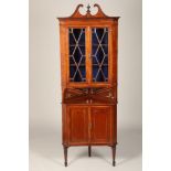 Edwardian inlaid mahogany corner display cabinet over cupboard Length 56cm, Width 56cm, Height 220cm
