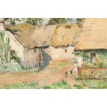 Anna Dixon RSW (Scottish 1873-1959) Framed watercolour, signed 'Farmyard with Figures' 26cm x 36cm