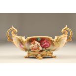 Royal Worcester centre bowl, acanthus scroll handles, decorated with handpainted pink roses,