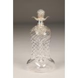 Silver topped glass decanter and stopper, pierced and embossed shoulders neck and top, assay marked,