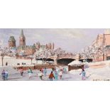 Inge Claussen (Canadian) Framed oil on canvas, signed 'Rideau Canal Skaters' 19cm x 39cm