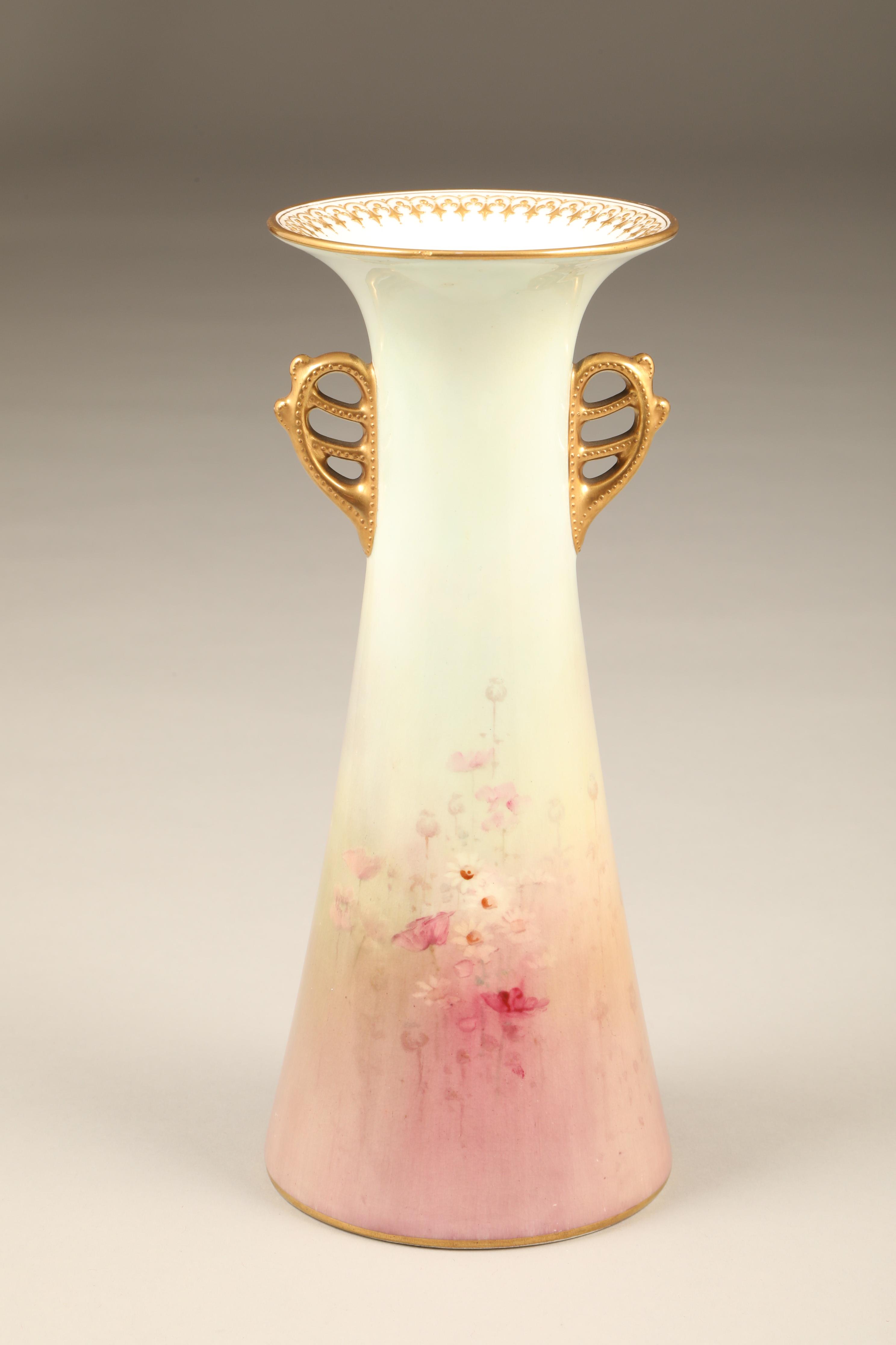 Royal Doulton vase, cylindrical tapered form with flared lip, gilt handles, hand painted, girl in - Image 2 of 3