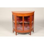 Edwardian inlaid satinwood demi lune display cabinet, twin glazed doors, pink velvet interior,