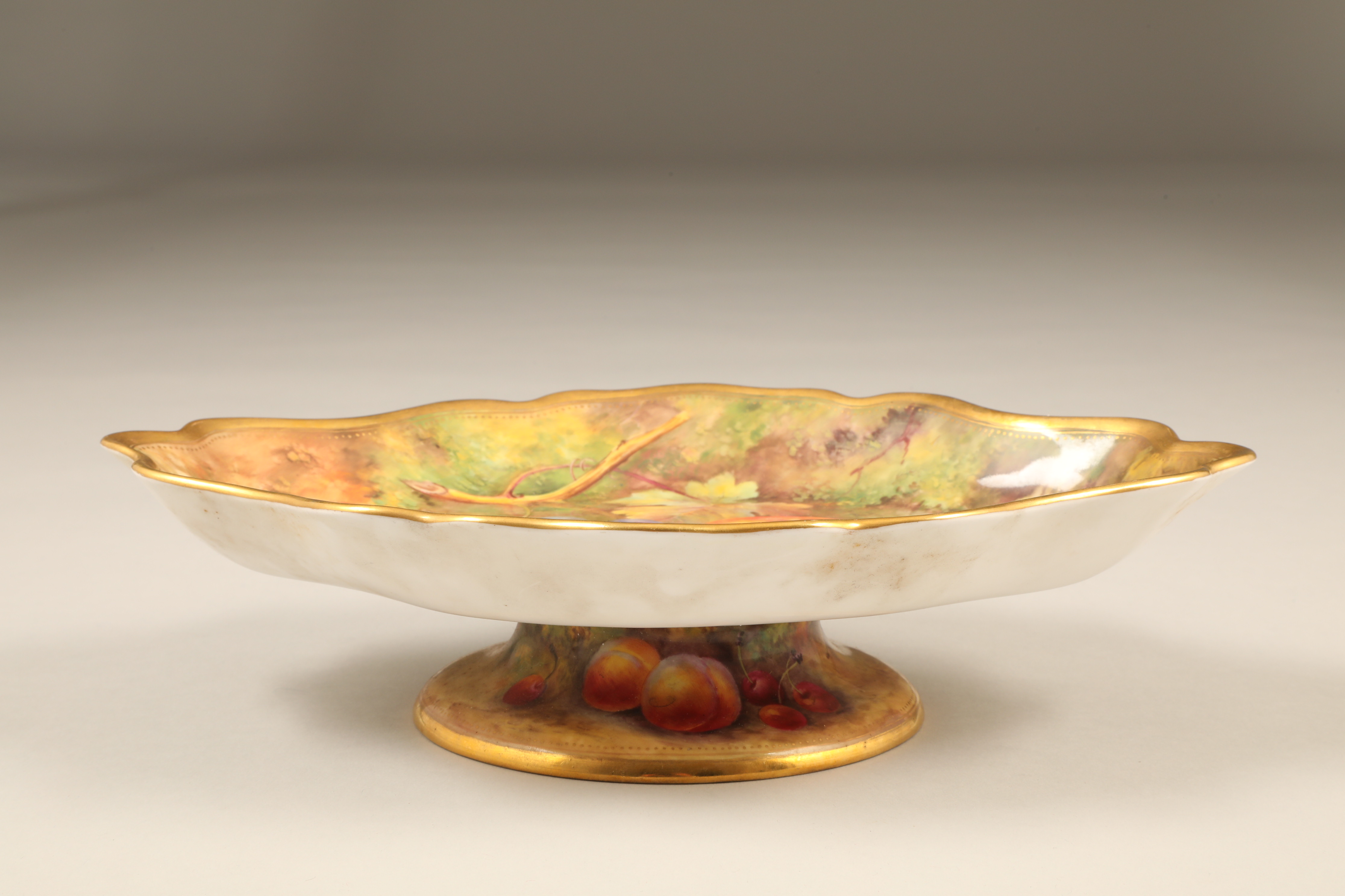 Pair Royal Worcester comports, oval form with waved gilt rims individually hand painted with - Image 6 of 6