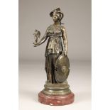 French bronze figure of Athena, Goddess of War, raised on circular rouge marble base Height 51cm (