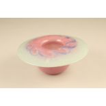 Scottish vasart glass posy bowl, pink with pale green swirls to the rim Height 11cm, Diameter 25cm