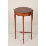 Edwardian inlaid mahogany plant stand, cross banded circular top raised on slender tapered legs